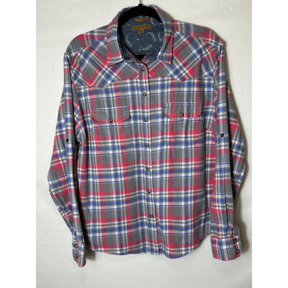 Zach's Girlfriend Bea Long Sleeve Snap Up Shirt Blue/Pink/Gray Flannel Size XL